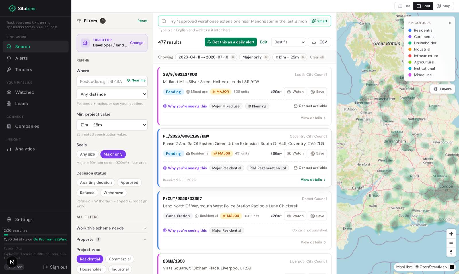 The SiteLens map and list view, showing major UK planning applications across 380+ councils, classified by type and value and tagged by trade.