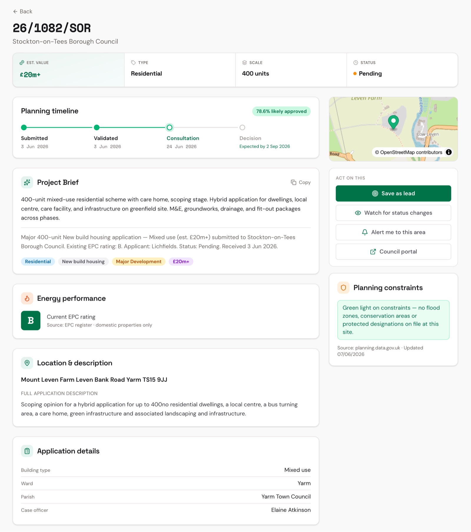 A SiteLens application record: plain-English project brief, category and Major Development tags, estimated value, and planning constraints